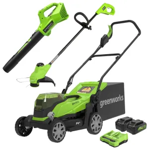 48V (2x24V) 14" Cordless Battery Push Lawn Mower, 320CFM Leaf Blower & 10" String Trimmer Combo Kit w/ (2) 4.0Ah USB Batteries & Dual Port Charger