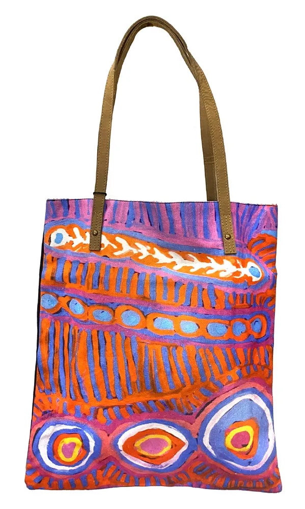 Aboriginal Art Shoulder Tote Bag Leather Trimmed by Murdie Nampijinpa Morris