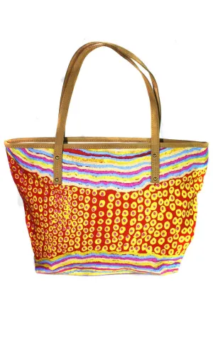 Aboriginal Art Tote Bag Leather Trimmed by Rama Sampson