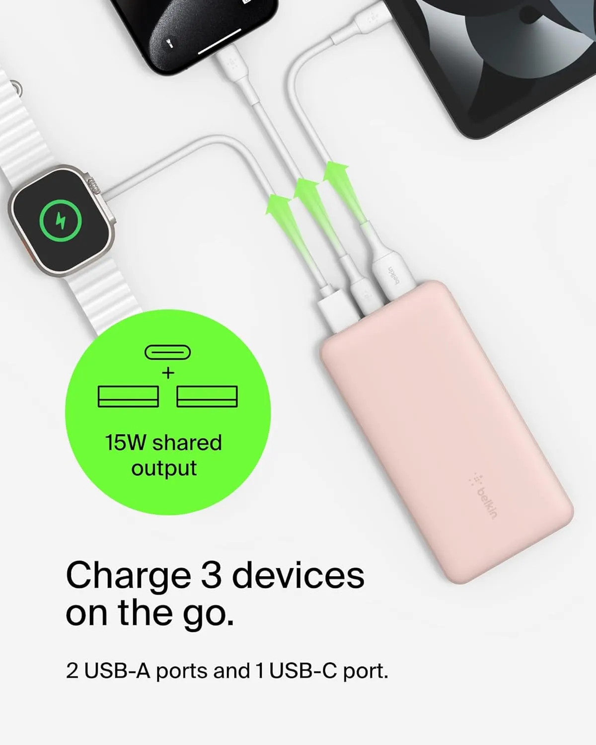 Belkin Portable Charger, USB-C Power Bank 10K W/ 1 USB-C Port and 2 USB-A Ports with USB-A to USB-C Cable for Iphone 16, 16 Plus, 16 Pro, 16 Pro Max, Samsung Galaxy S24, & More - Rose Gold