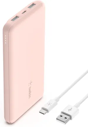 Belkin Portable Charger, USB-C Power Bank 10K W/ 1 USB-C Port and 2 USB-A Ports with USB-A to USB-C Cable for Iphone 16, 16 Plus, 16 Pro, 16 Pro Max, Samsung Galaxy S24, & More - Rose Gold