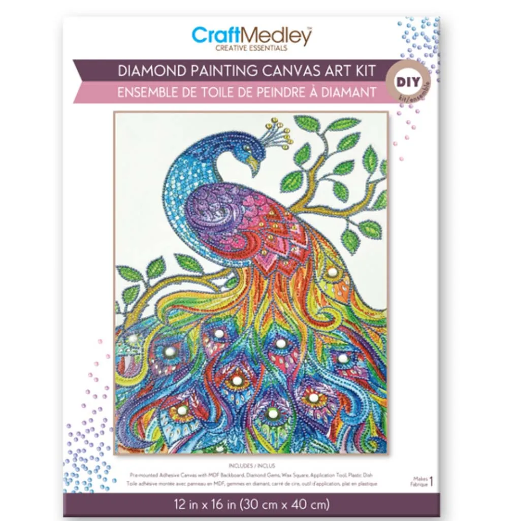 Craft Medley Kit: Diamond Painting Art Kit 12INx16IN w/Gems Tool Tray-Peacock