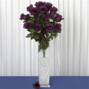 Long Stem Rose Bush Artificial Silk Flowers - Eggplant