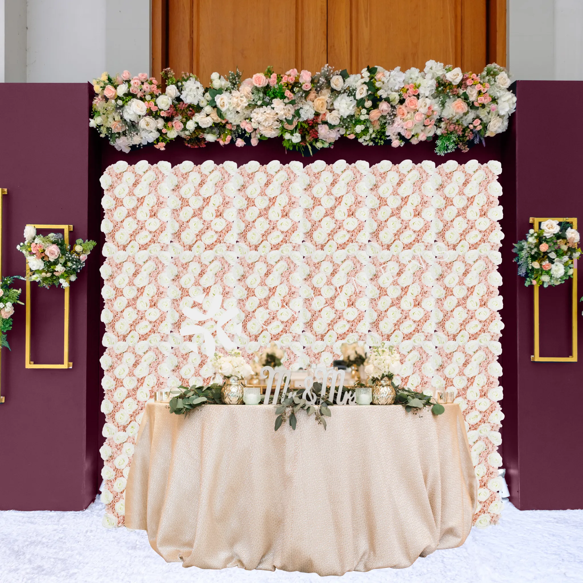 Silk Roses/Hydrangeas Flower Wall Backdrop Panel - Fuchsia & Light Pink