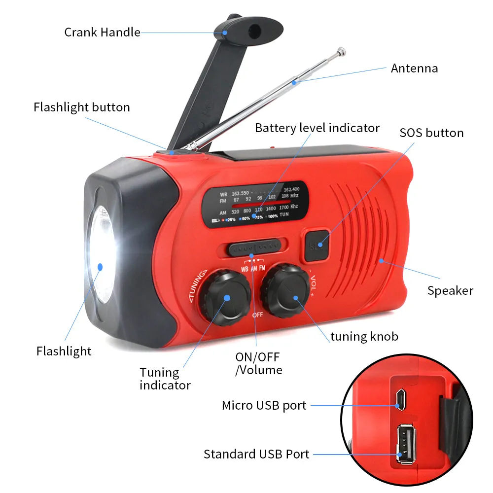 Solar Light. Charger, Radio, hand crank camping survival Flashlight