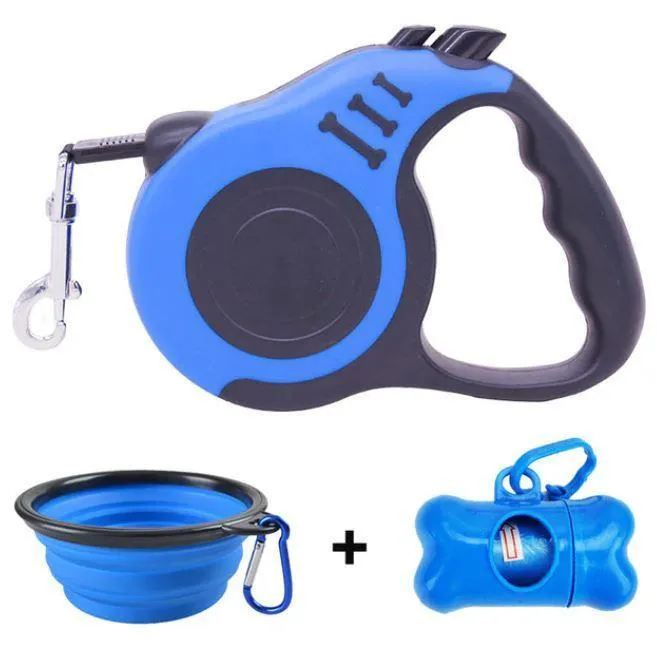 Tear Resistant, Retractable Heavy Walking Dog Leash Bowl Waste Bag Dispenser and Bags Sets