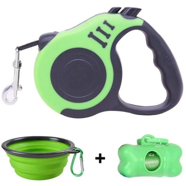 Tear Resistant, Retractable Heavy Walking Dog Leash Bowl Waste Bag Dispenser and Bags Sets