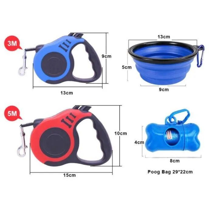 Tear Resistant, Retractable Heavy Walking Dog Leash Bowl Waste Bag Dispenser and Bags Sets