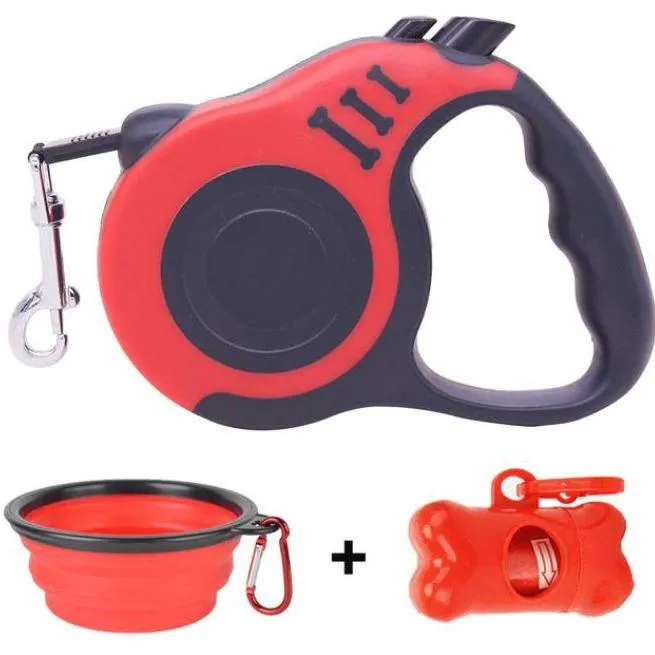 Tear Resistant, Retractable Heavy Walking Dog Leash Bowl Waste Bag Dispenser and Bags Sets