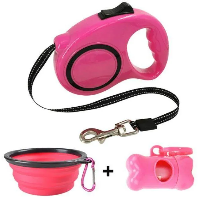 Tear Resistant, Retractable Heavy Walking Dog Leash Bowl Waste Bag Dispenser and Bags Sets