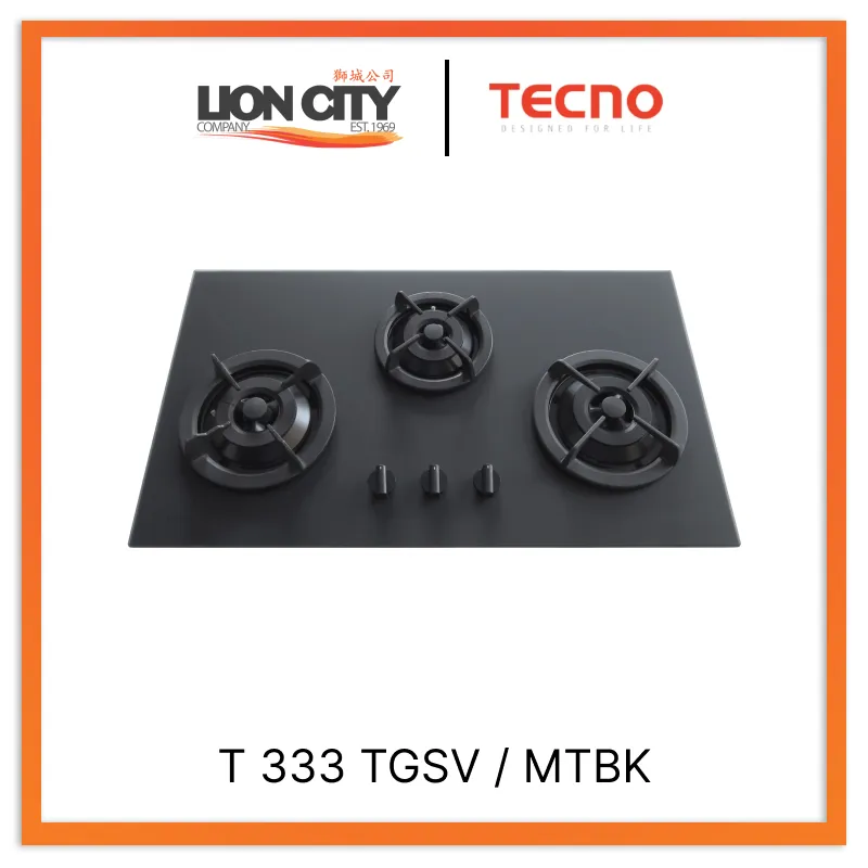 Tecno UNO T 333 TGSV / MTBK Toughened Glass Hob (SCHOTT) Matte Black 86cm, V.V.S  3 Burners (2x Big, 1x Medium)