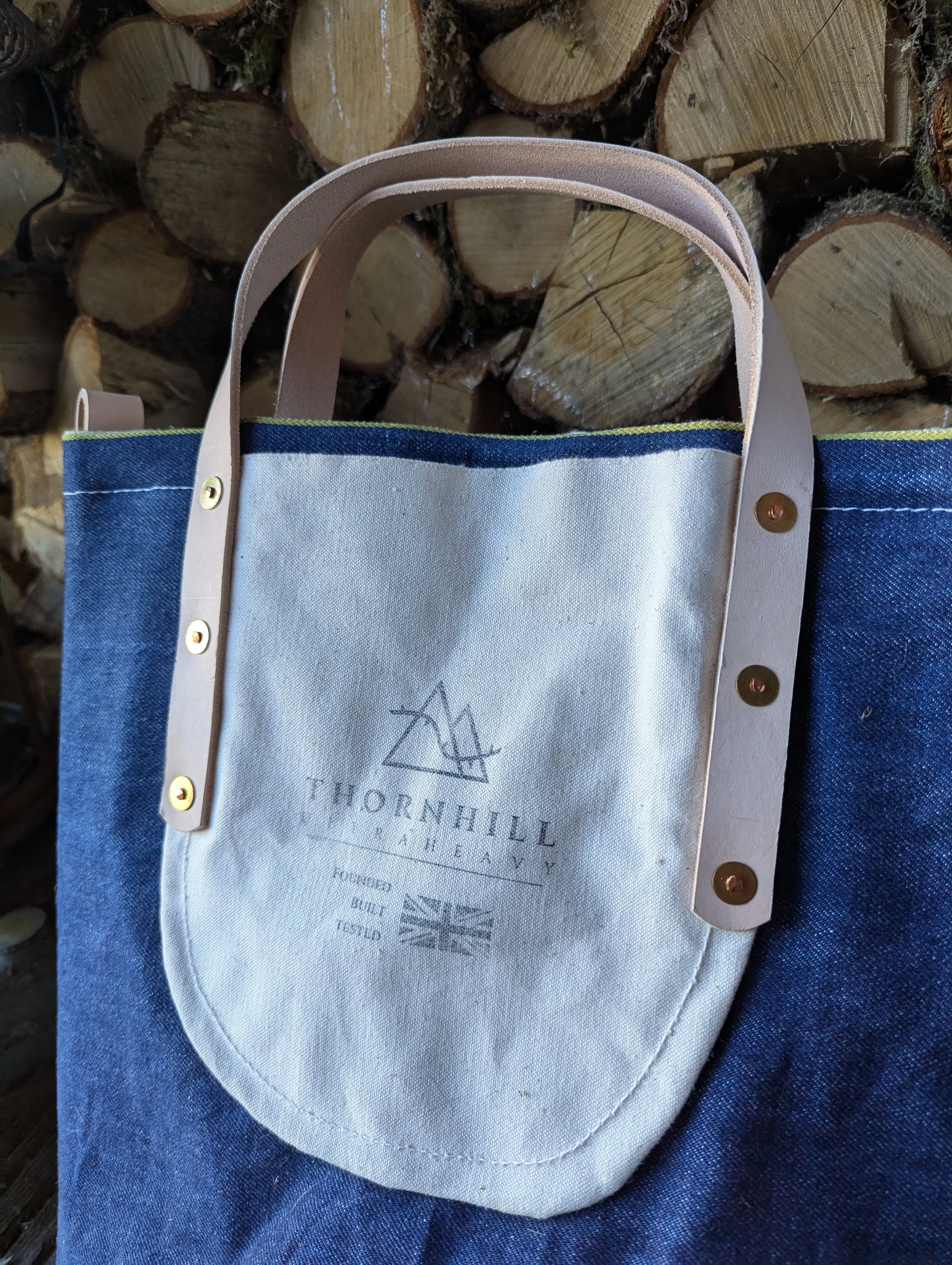 Tote bags, double-lined denim or canvas with leather handles