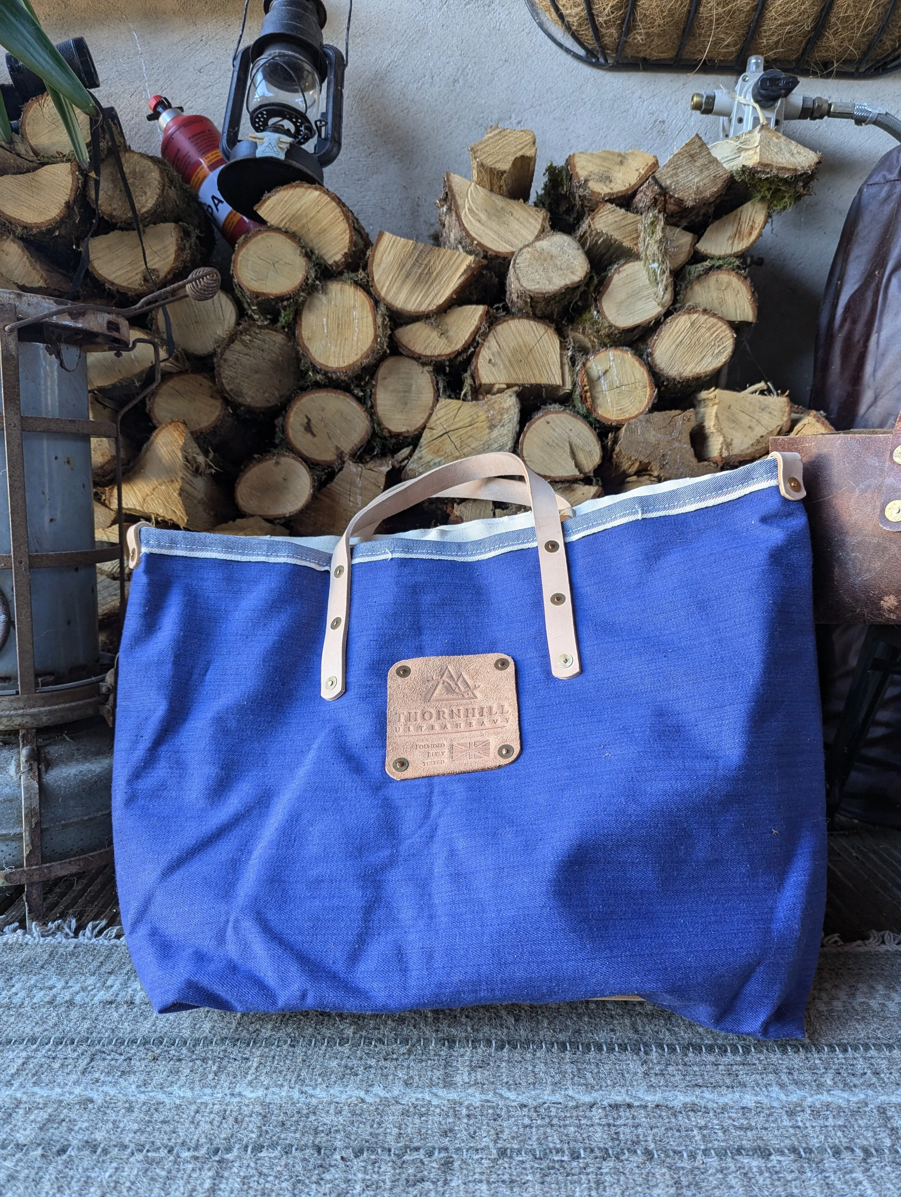 Tote bags, double-lined denim or canvas with leather handles