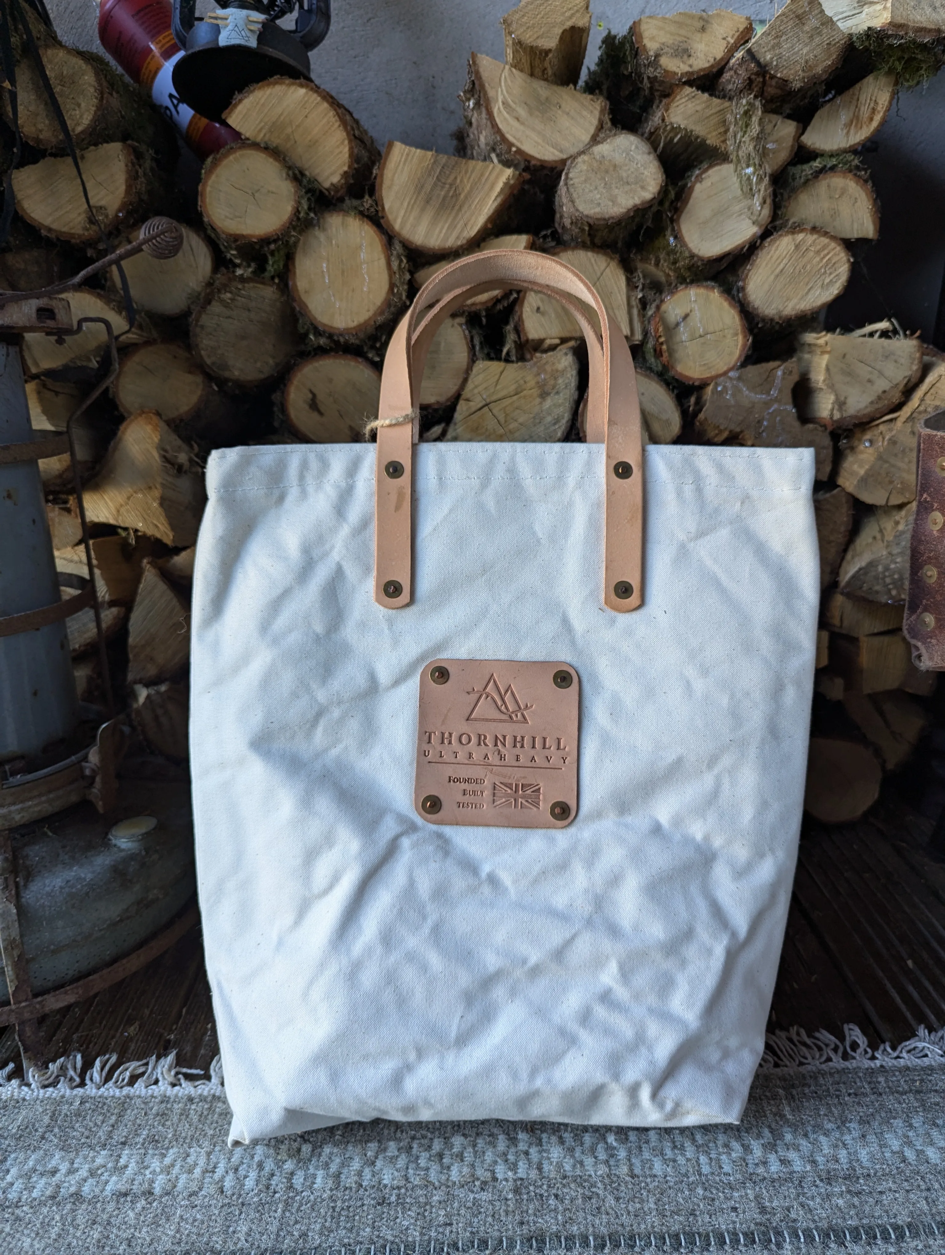 Tote bags, double-lined denim or canvas with leather handles