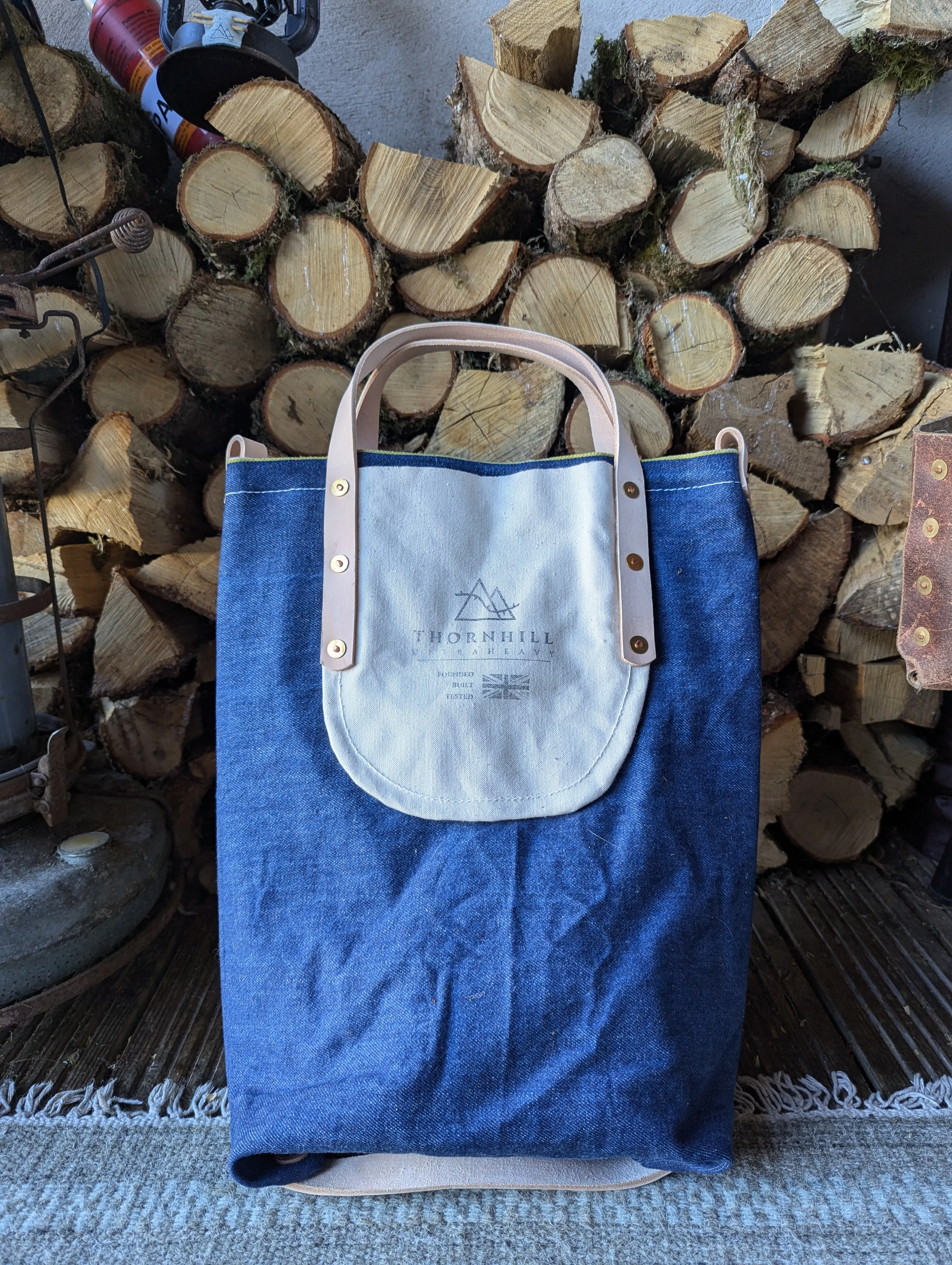 Tote bags, double-lined denim or canvas with leather handles